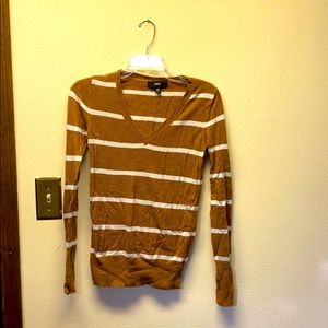 Tan and white striped v-neck sweater